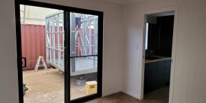 Interior of a portable building of alan frost product range with glass doors